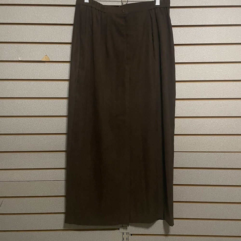 Leslie Fay Haberdashy Skirt Women's Sz 14 A Line Long Lined Slit Brown Stretch